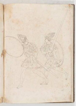 Zwei Knappen mit Schilden und Lanzen, in einem Band mit Antikischen Figurinen und Pferdedekorationen, Bl. 27