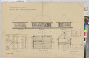 Wartehalle auf Bahnhof Feldbaum: Grundriß, Ansichten, Schnitt, Sparrenlage, M. 1:50 Hge, Sknr.: 1, Fanr.: 14, Bunr.: 1