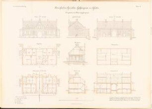 Gericht und Gefängnis, Glatz: Torgebäude zum Männergefängnis: 3 Ansichten, 3 Schnitte, Grundrisse KG, EG, DG 1:100