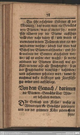 Von dem Gemach, darinnen die Blumen-Gewächs über Winter behalten werden