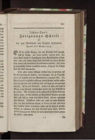 Johann Cary's Zueignungs-Schrift an das zum Parliament von England versammlete Haus der Gemeinen
