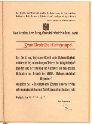 Urkunde : Biografisches Dokument; Urkunde des Deutschen Roten Kreuzes Bielefeld für langjährige Mitarbeit
