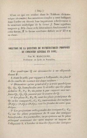 Solution de la question de mathématiques proposée au concours général en 1892.