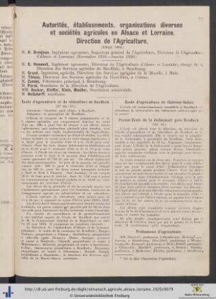 Autorités, établissements, organisations diverses et sociétés agricoles en Alsace et Lorraine.