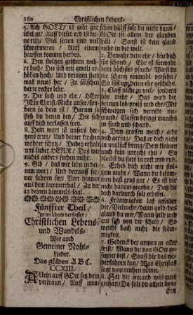 Fünffter Theil/ In welchem verfasset/ Christlichen Lebens- und Wandels- wie auch Gemeiner Noth- Lieder.
