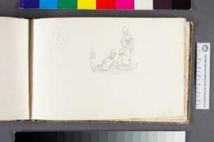 Skizze zur Rückenansicht eines Mannes, Skizze mit Gruppe von drei sitzenden und einem stehenden Mann