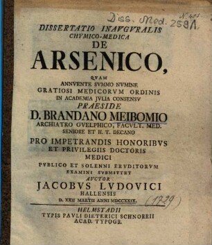Dissertatio Inavgvralis [Inauguralis] Chymico-Medica De Arsenico