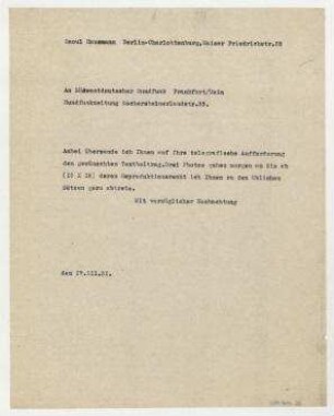 Brief von Raoul Hausmann an Südwestdeutscher Rundfunk AG / Ernst Schoen. Berlin