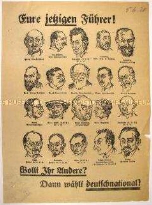Antisemitischer Wahlaufruf der Deutschnationalen Volkspartei mit Karikaturporträts von 20 Politikern