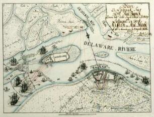 WHK 29 Nordamerikanische Kriege von 1775-1782: Plan zum Aufstieg zum Fort Redbank am 22. Oktober 1777 unter Colonel de Donop und der Angriff der Briten von Fort Mifflin oder Mud-Island am 15. November 1777