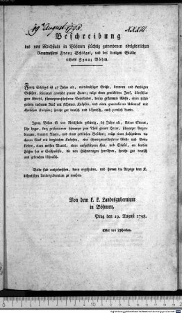 Beschreibung des von Reichstadt in Böhmen flüchtig gewordenen obrigkeitlichen Renntmeisters Franz Schlögel, und des dortigen Stadtrichters Ignaz Böhm. : Prag den 19. August 1798. Edler von Tschenkau.