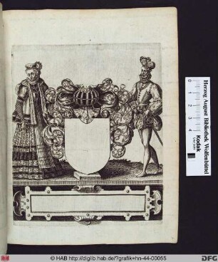 Leeres Wappenschild mit Blattwerk und Helm, flankiert von einer Frau und einem Mann.
