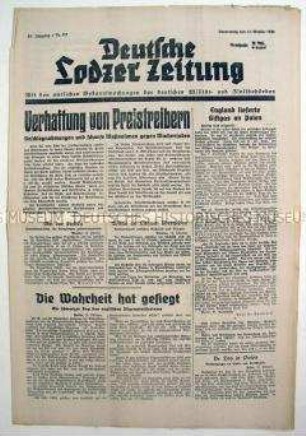 "Deutsche Lodzer Zeitung" u.a. zur deutschen Besatzungspolitik in Polen