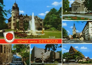 Postkarte. Gruß aus Detmold. Schloß, An der Mittelmühle, Nordwestdeutsche Musikakademie, Heimatmuseum, Marktplatz, Theater