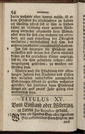 Titulus XV. Vom Einstand oder Widerzug, zu Latein Jus Retractus genant
