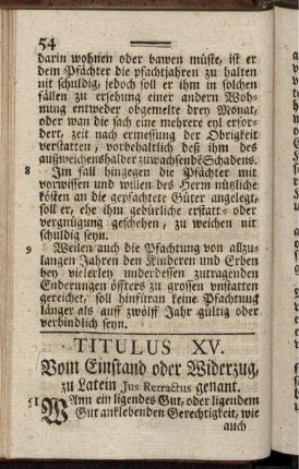 Titulus XV. Vom Einstand oder Widerzug, zu Latein Jus Retractus genant