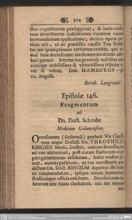 Epitolae 146. Fragmentum ad Dn. Doct. Schvabe Medicum Gedanensem