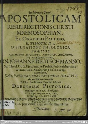 Apostolicam resurrectionis Christi mnemosophian, ex oraculo Paulino, II. Timoth. II.8. disputatione theologica