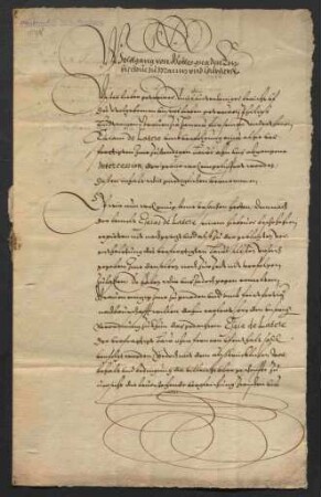 Der Mainzer Kurfürst Wolfgang von Dalberg schreibt am 22. September 1598 zu Aschaffenburg an seinen Vizedom zu Aschaffenburg Hartmut den Älteren von Kronberg, wegen dem Bau des Esaias von Latere, Bürgers in Hanau, zu Aschaffenburg. Mit aufgedrucktem Siegel.
