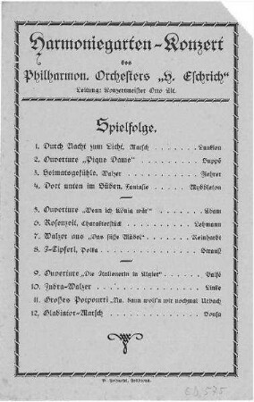 Programmzettel zu Harmoniegarten-Konzerten des Philharmonischen Orchesters "H. Eschrich" unter Leitung von Otto Alt