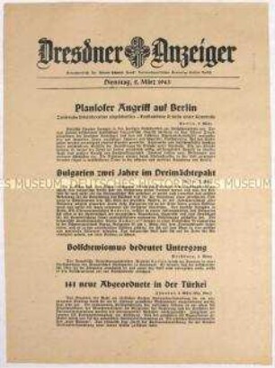 Nachrichtenblatt "Dresdner Anzeiger" u.a. zu einem britischen Luftangriff auf Berlin