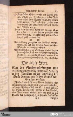 Die achte Lehre. Von den Gnadenwürkungen und Wohlthaten des heiligen Geistes...