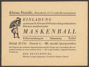 Einladungskarte Maskenball in "Kliems Festsälen", Hasenheide 13-15