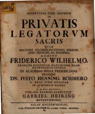Dissertatio Ivris Gentivm De Privatis Legatorvm Sacris