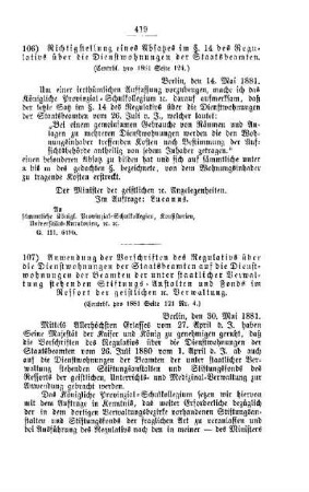 Richtigstellung eines Absatzes im §. 14 des Regulativs über die Dienstwohnungen der Staatsbeamten : [I. Allgemeine Verhältnisse]