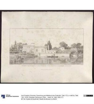 Sammlung architektonischer Entwürfe. Tafel 172 ( = Heft 24, Tafel 148, 1835): Potsdam-Sanssouci. Römische Bäder bei Schloss Charlottenhof, Gärtnerhaus von der Wasserseite