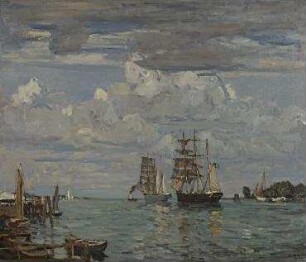 Hafeneinfahrt von Travemünde. Dreimaster im Schlepp