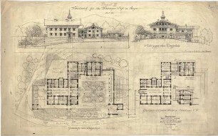 Thiersch, August ; Anger (Bayern); Wieninger Stift, Projekt - Lageplan m. Grundriss EG, Grundriss 1. OG, Ansichten, Schnitt