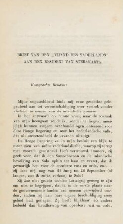 Brief van den "Vijand des vaderlands" aan den resident van Soerakarta