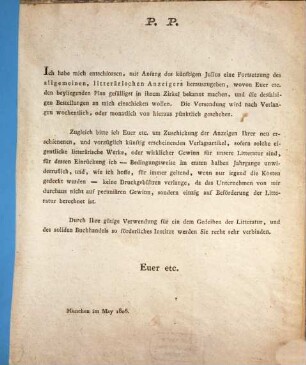 Ich habe mich entschlossen, mit Anfang des künftigen Julius eine Fortsetzung des allgemeinen, litterärischen Anzeigers herauszugeben ... : München im May 1806