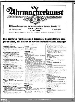 Liste der Uhren-Fabrikanten und -Grossisten, die die Erklärung abgegeben haben, daß sie sich an der Gemeinschaftsreklame beteiligen