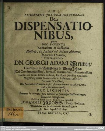 Dissertatio Iuridica Inauguralis De Dispensationibus, Quam ...