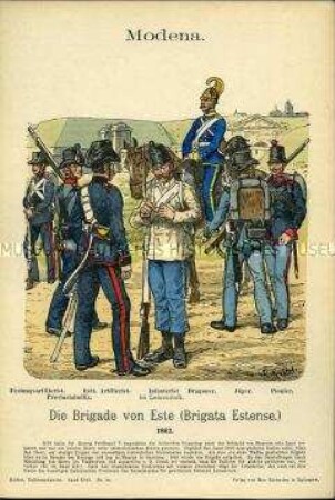 Uniformdarstellung, Festungsartillerist, Provinzialmiliz, Reitender Artillerist, Infanterist, Dragoner, Jäger und Pionier der Brigade von Este, Herzogtum Modena, 1862.