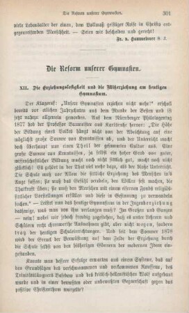301-314 Die Reform unserer Gymnasien : XII. Die Erziehungslosigkeit und die Mißerziehung am heutigen Gymnasium