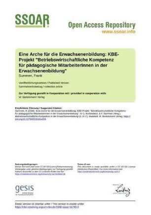 Eine Arche für die Erwachsenenbildung: KBE-Projekt "Betriebswirtschaftliche Kompetenz für pädagogische MitarbeiterInnen in der Erwachsenenbildung"