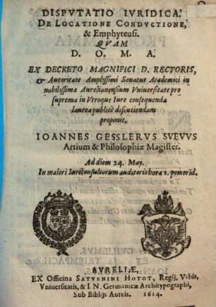 Disp. iur. de locatione conductione, & emphyteusi