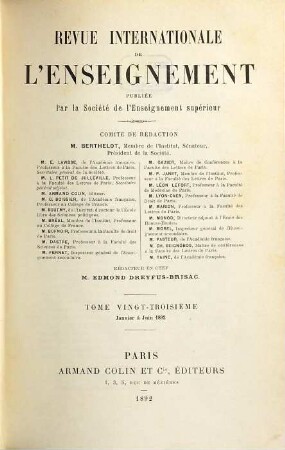 Revue internationale de l'enseignement. 23. 1892