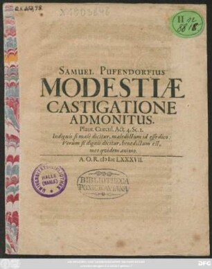 Samuel Pufendorfius Modestiae Castigatione Admonitus