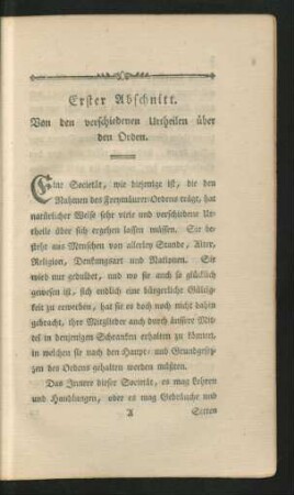 Erster Abschnitt. Von den verschiedenen Urtheilen über den Orden.