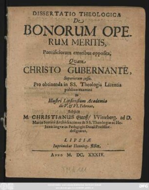 Dissertatio Theologica De Bonorum Operum Meritis