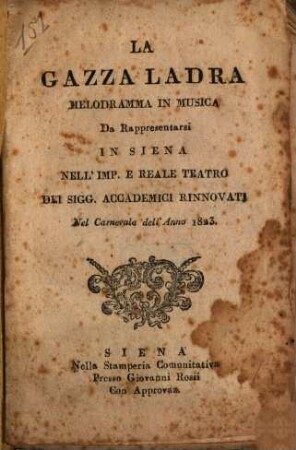 La gazza ladra : Melodramma in musica
