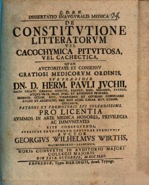 Dissertatio inavgvralis medica de constitvtione litteratorvm vel cacochymica pituitosa, vel cachectica