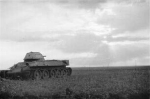 Zweiter Weltkrieg. Frontbilder. Sowjetunion. Panzer auf grasbewachsener Ebene