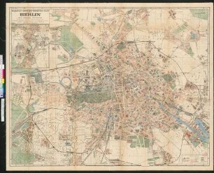 Maraun's Grosser Verkehrs-Plan von Berlin mit seinen Vororten : Pferdebahn-, Dampfstrassenbahn-, Eisenbahn- und Dampfschiff-Linien einzeln in verschieden farbigen Zeichen dargestellt