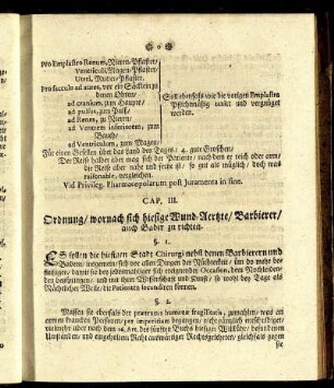 Cap. III. Ordnung/ wornach sich hiesige Wund-Aertzte/ Barbierer/ auch Bader zu richten.