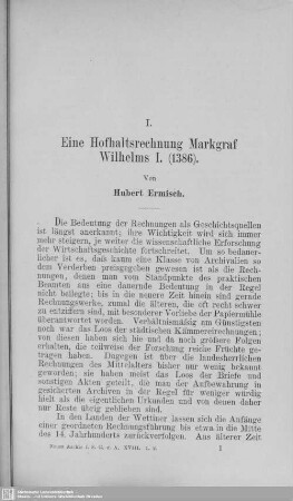 I. Eine Hofhaltsrechnung Markgraf Wilhelms I. (1386)